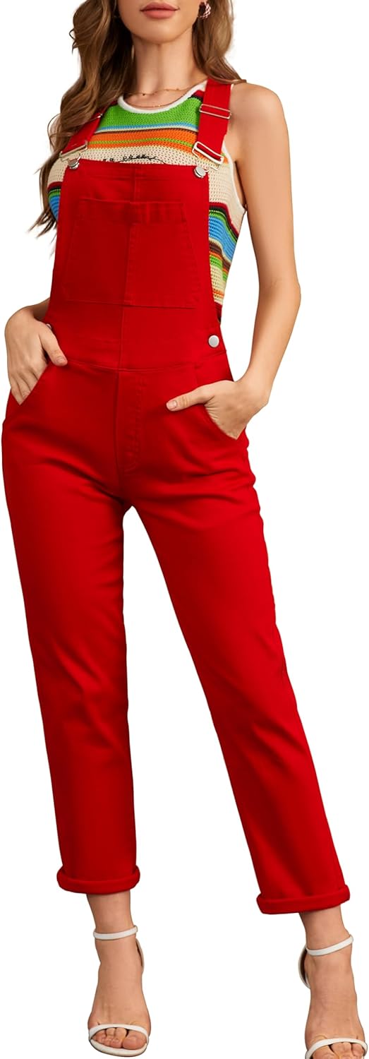 Stylish Red Denim Overalls for Women - Adjustable Strap Jumpsuit