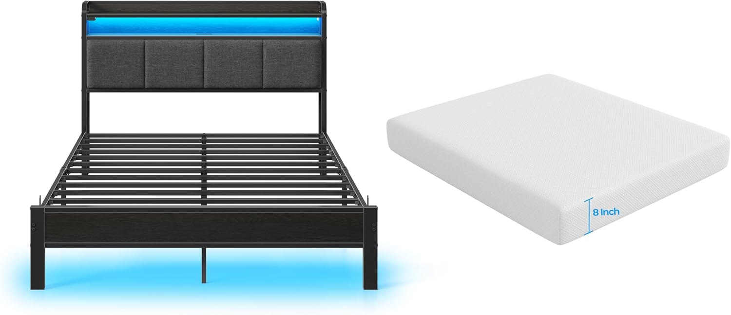 Rolanstar Bed Frame Full Size with LED Lighting and Storage