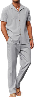 Men Linen 2 Piece Beach Shirt and Pants Set - Lightweight Summer