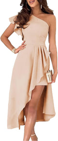 One Shoulder Ruffle Empire Waist Midi Dress - Elegant Formal Fit