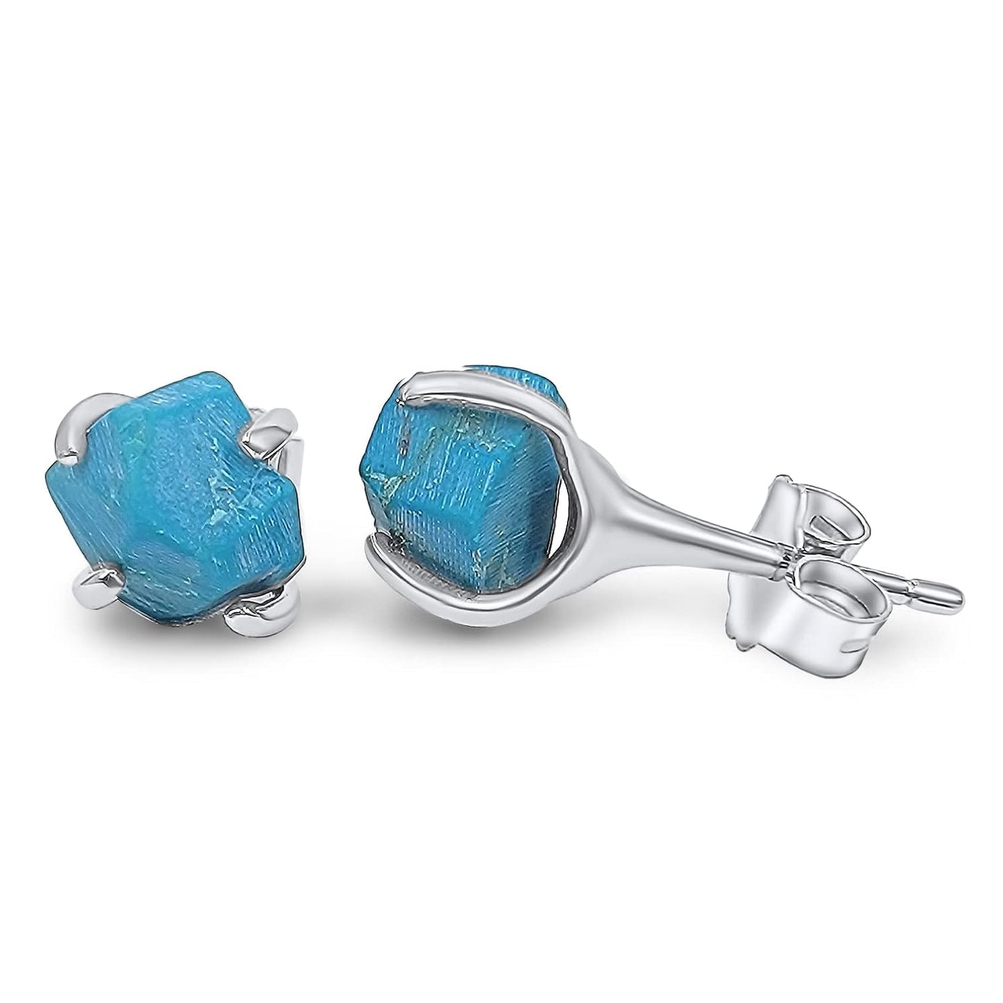 Natural Raw Turquoise Stud Earrings in White Gold Over Silver