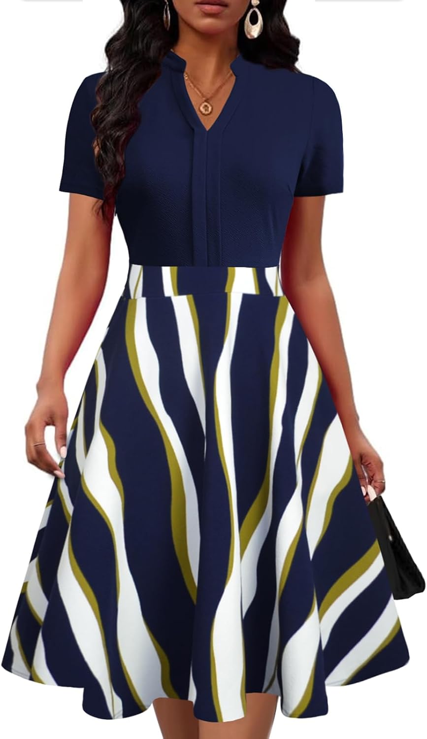 Mokayee Womens Summer Short Sleeve V Neck Fit and Flare Dress