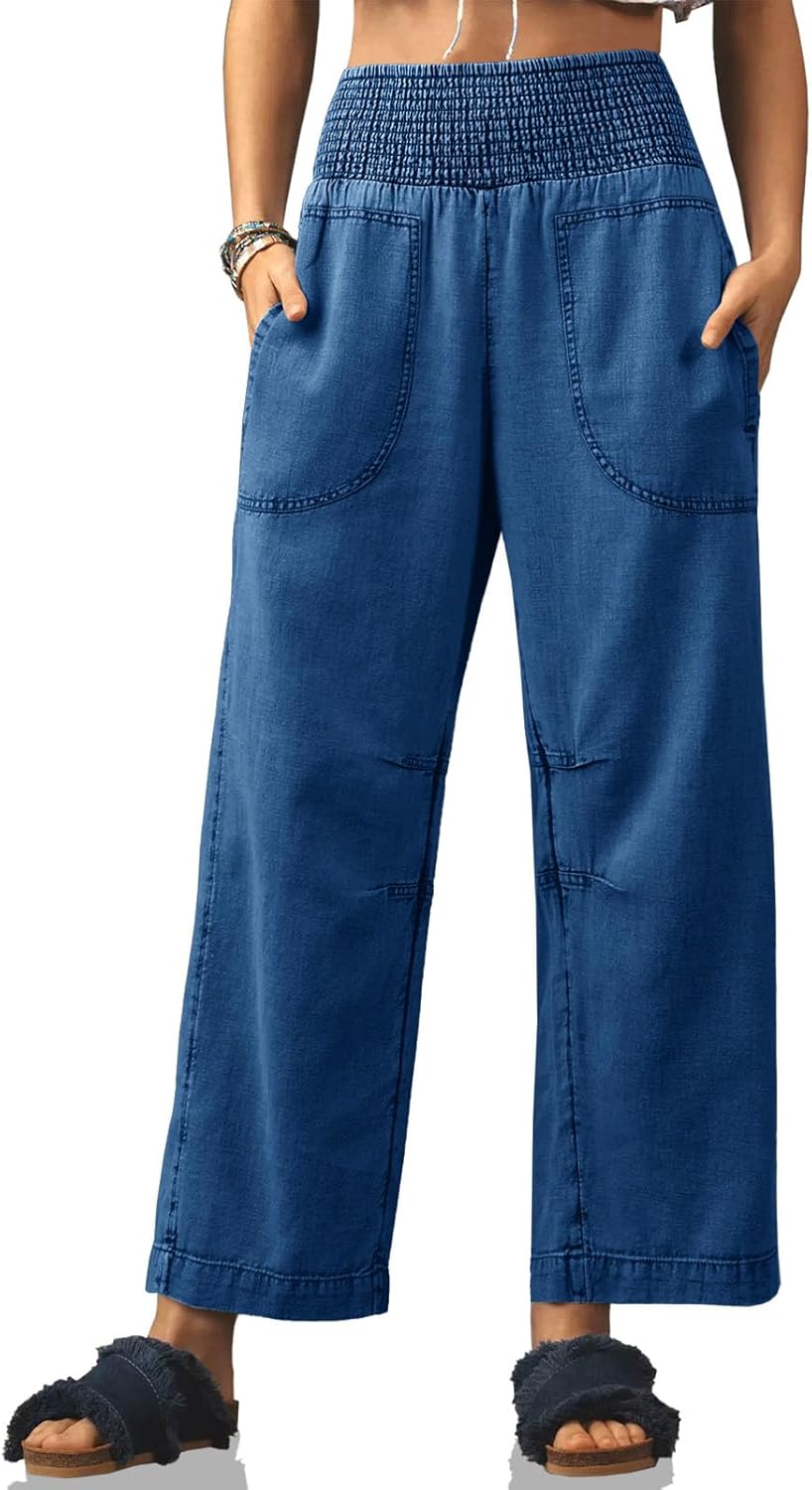 Cicy Bell Womens Smocked Barrel Jeans for Casual Trendy Style
