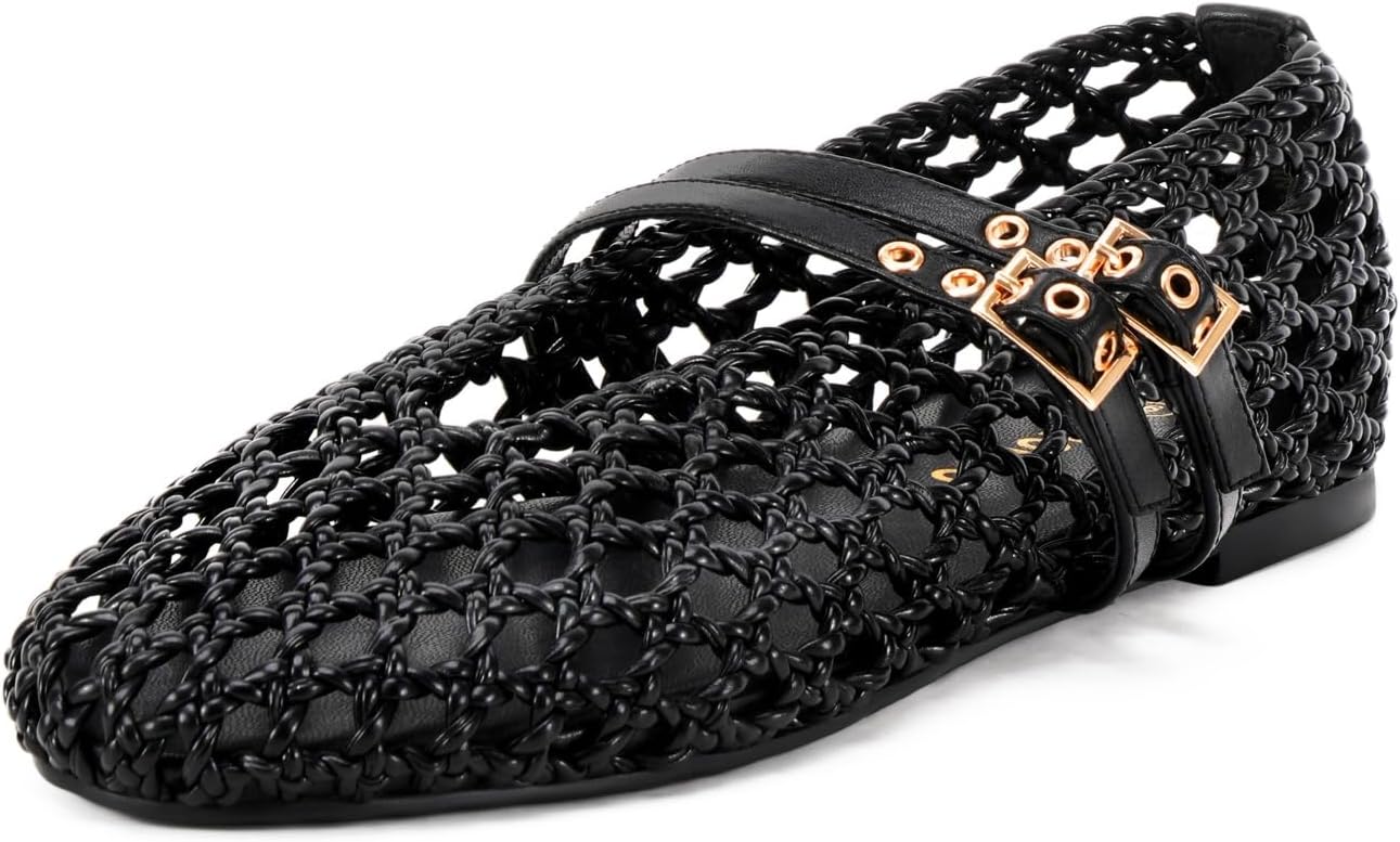 Women's Woven Mary Jane Flats with Adjustable Buckle Straps