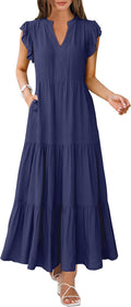 Womens Summer Casual Maxi Dress V Neck Ruffle Sleeve - Flowy Tiered up