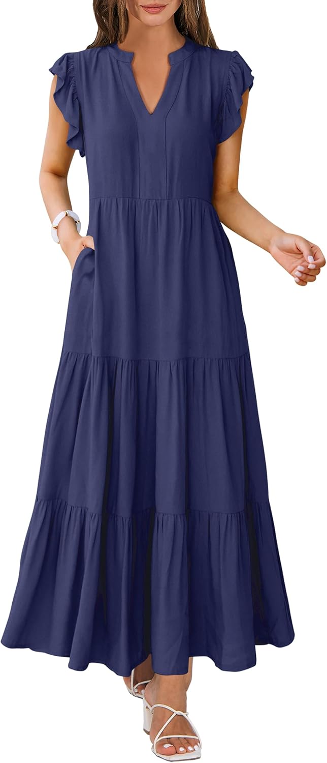 Womens Summer Casual Maxi Dress with Ruffle Sleeves and V Neck