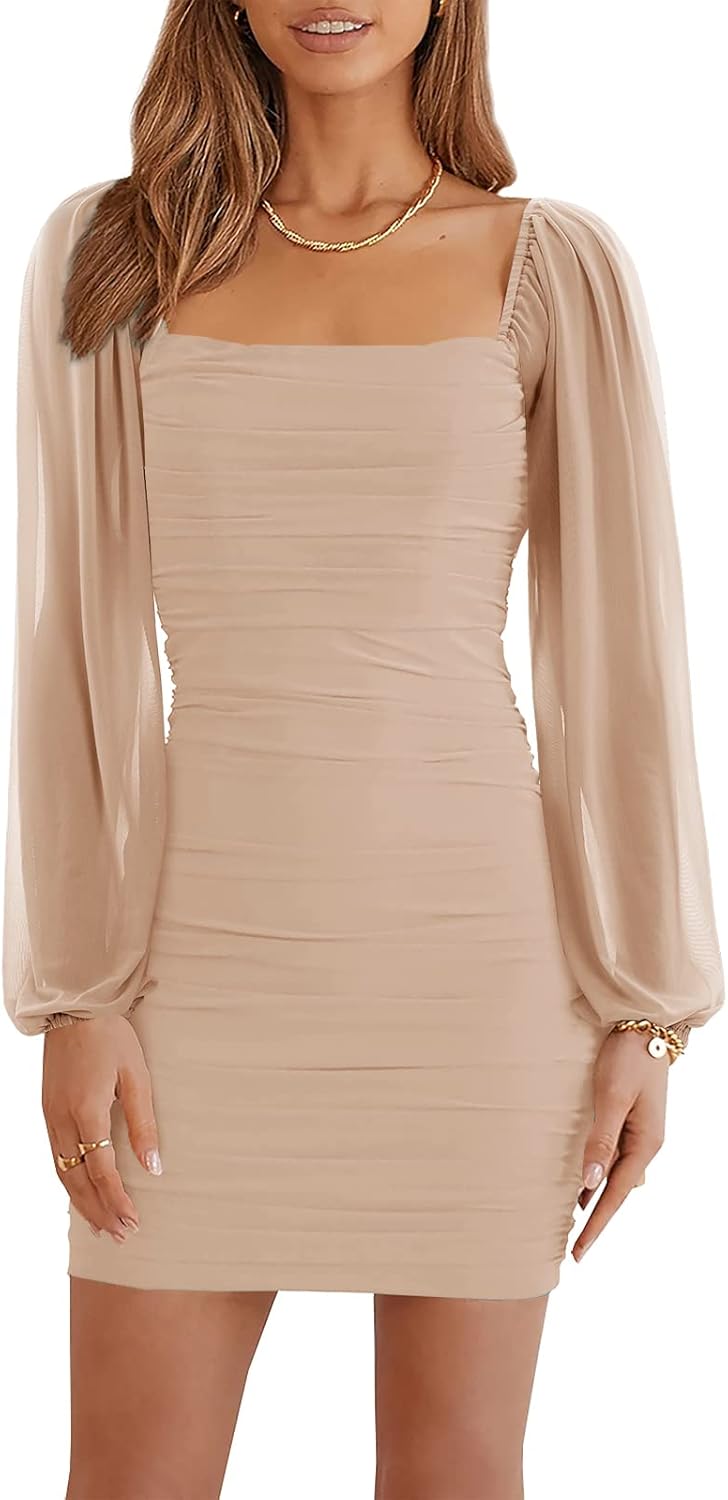Wenrine Women's Mesh Long Sleeve Square Neck Bodycon Dress