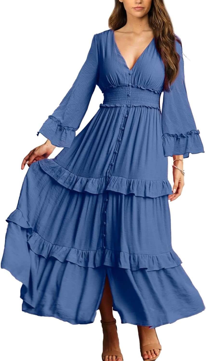Amegoya Women's V Neck Long Sleeve Boho Maxi Dress for Weddings