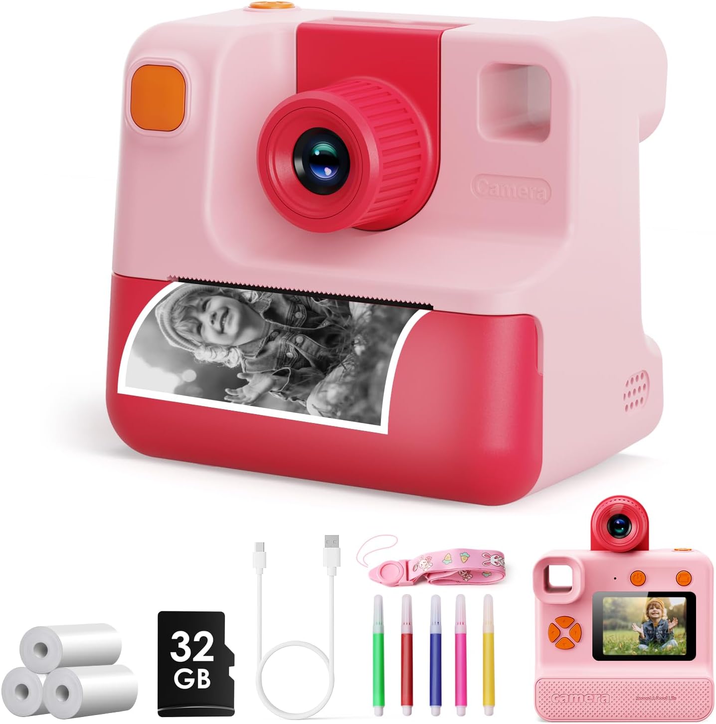 Instant Print Kids Camera | 1080P Video | 32G TF Card | Perfect Gift for Girls & Boys | Pink