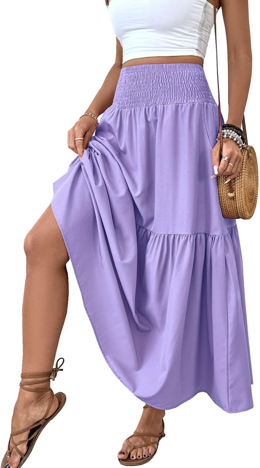 Women's Smocked High Waist Maxi Skirt with Pockets for Style