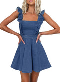 Denim Dress for Women Ruffle Adjustable Strap Backless Babydoll Mini