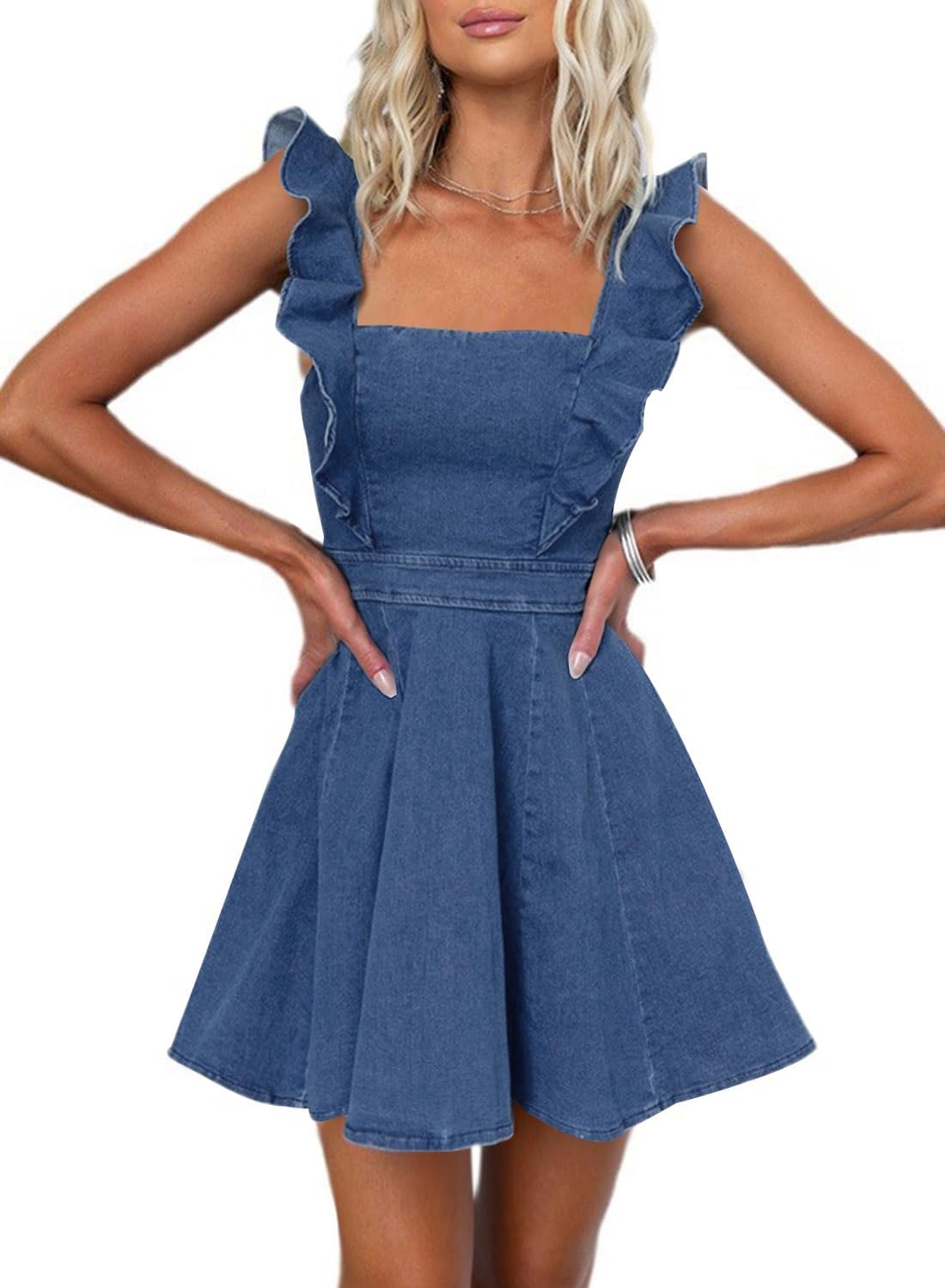 Stylish Denim Dress for Women with Ruffle Adjustable Straps
