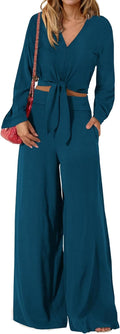 Women's 2 Piece Outfits 2025 V Neck Crop Top and Wide Leg Pant Set