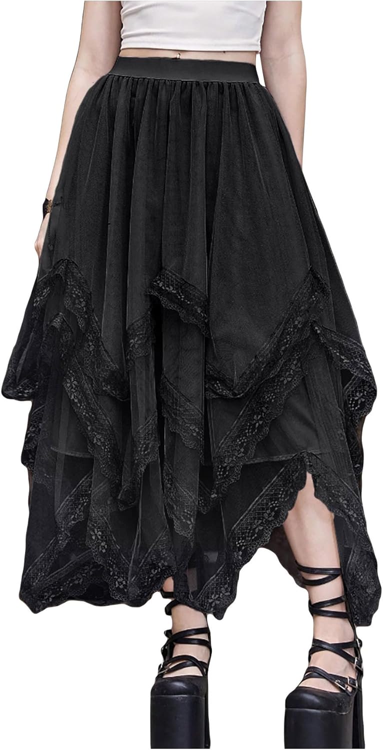 SHENHE Women's Lace Trim Layered Mesh Tulle Skirt for Goth Style
