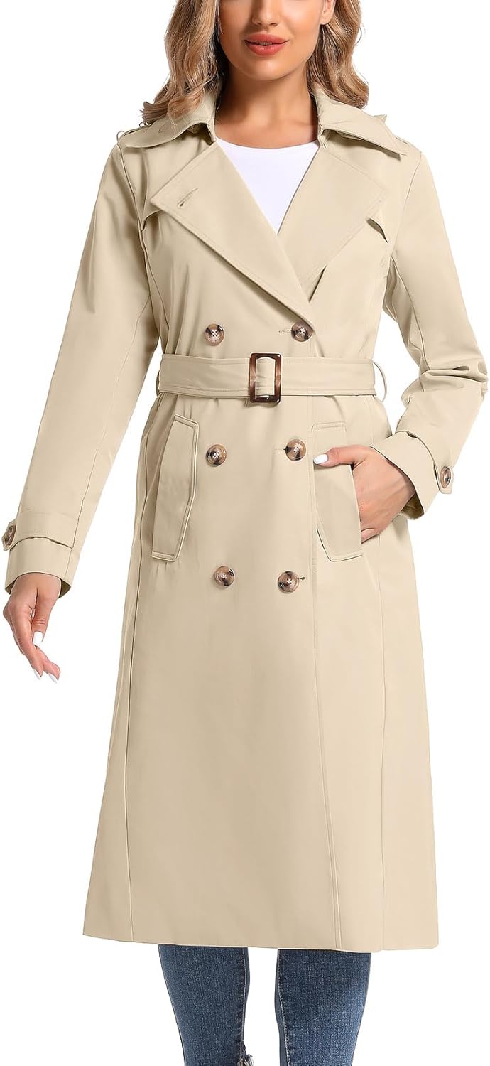 Women's Waterproof Long Trench Coat with Removable Hood