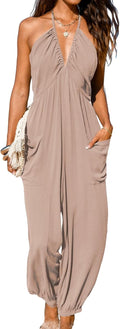 Sand Rayon Plunge Halter Maxi Jumpsuit for Women - Lightweight Summer