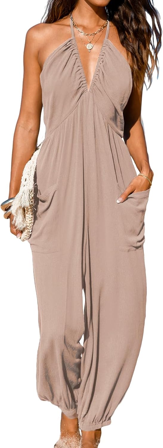 CUPSHE Women's Plunge Halter Sleeveless Pleated Long Romper
