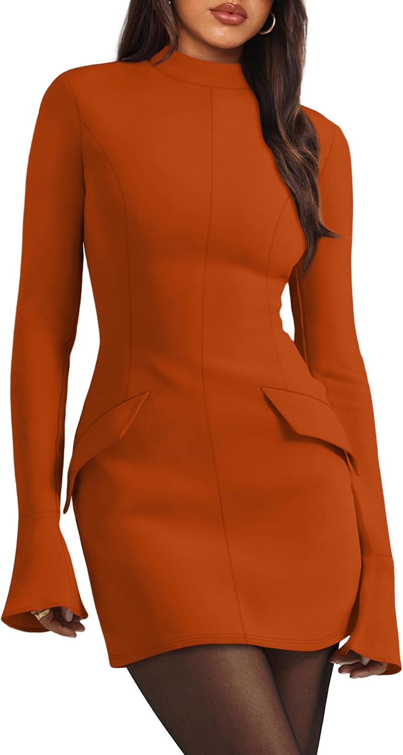 OFEEFAN Women's Fall Long Sleeve Mock Neck Bodycon Mini Dress