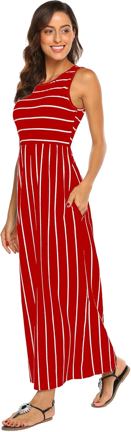 Hount Women's Summer Sleeveless Striped Maxi Dress with Pockets