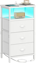 White LED Nightstand with Charging Station and 3 Fabric Drawers