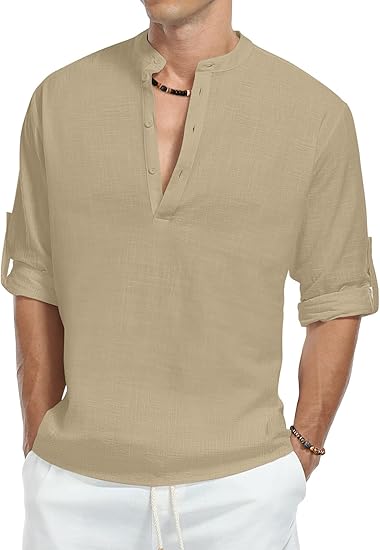 KUYIGO Men's Casual Cotton Linen Henley Shirts for Beach Wear
