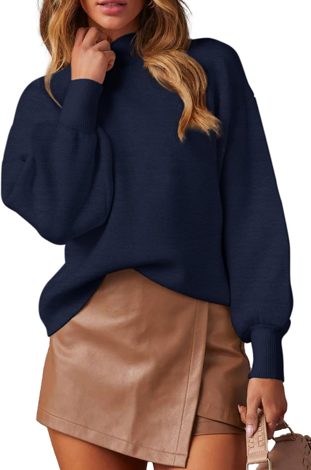 WEACZZY Women's Mock Neck Lantern Sleeve Sweater for Fall Fashion