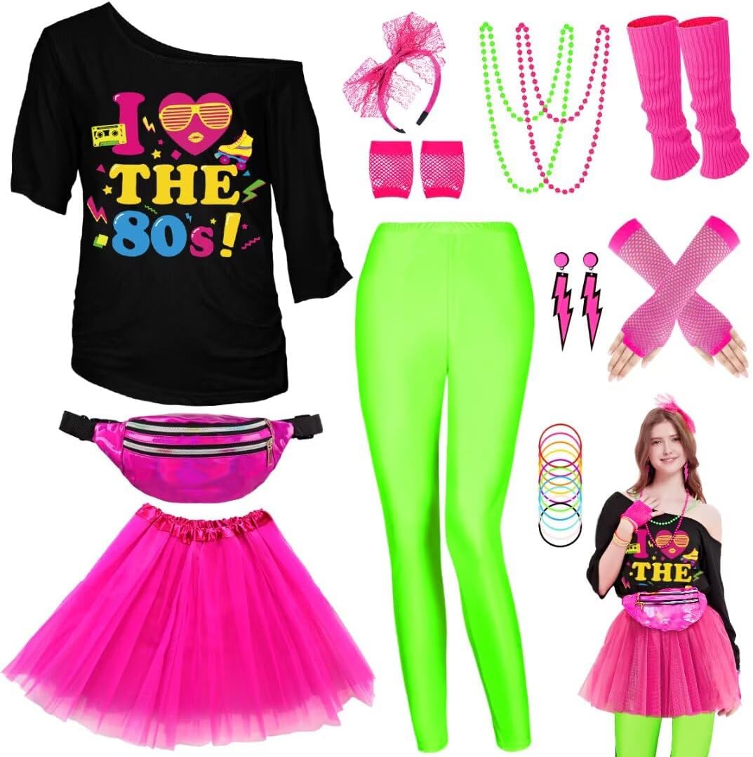 WlLDPARTY 80s Outfit Women Costume Accessories Set for Fun
