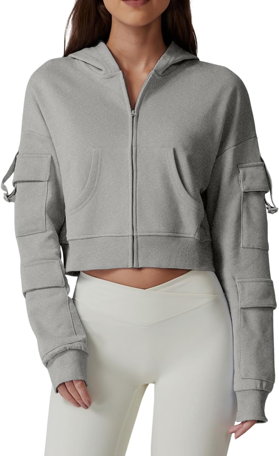 QINSEN Women's Zip-Up Hoodie with Cargo Pockets