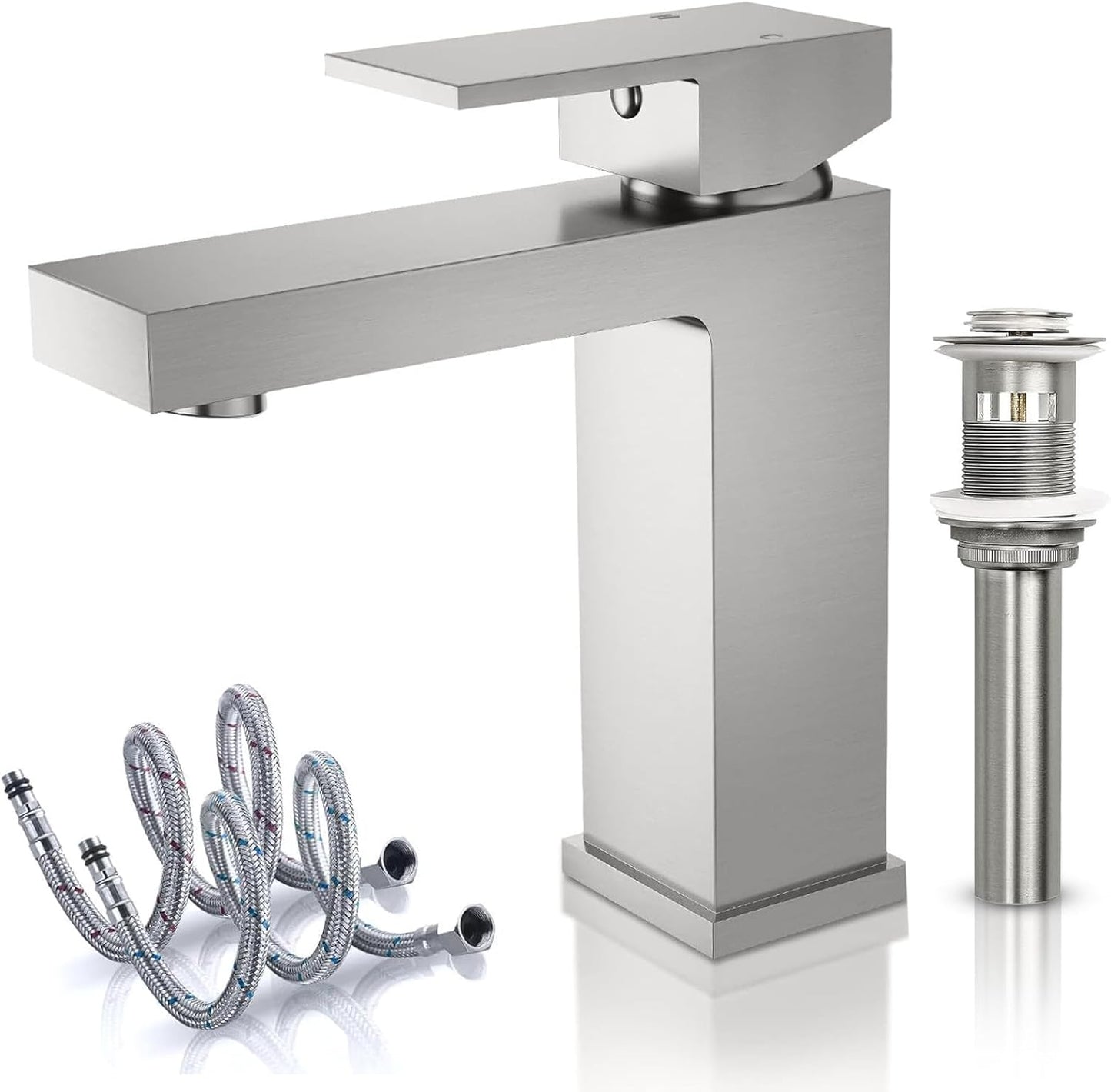 Brushed Nickel Bathroom Faucet with Pop Up Drain Stopper
