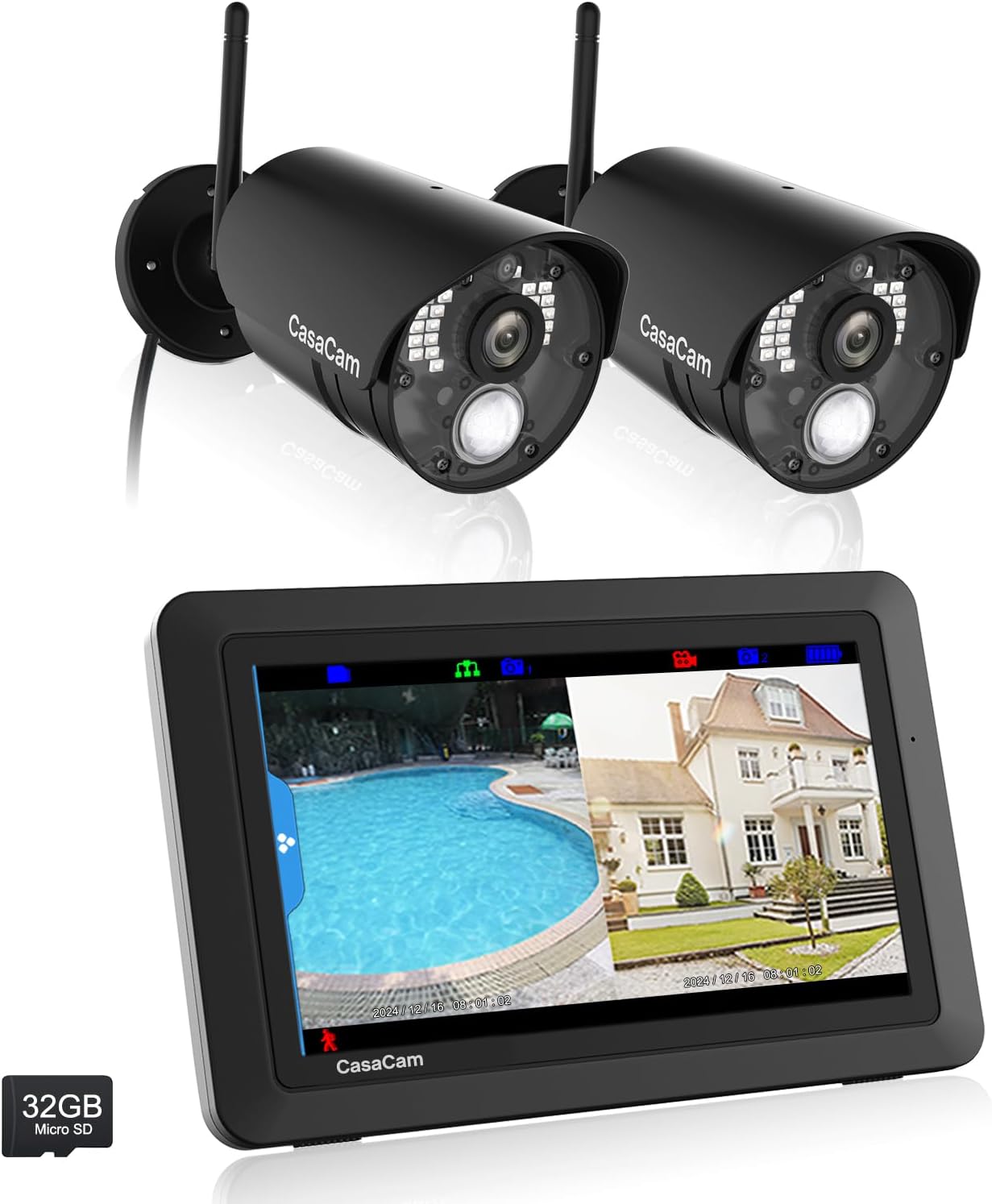 CasaCam Wireless Security Camera System with 7in Monitor and 2 Cameras
