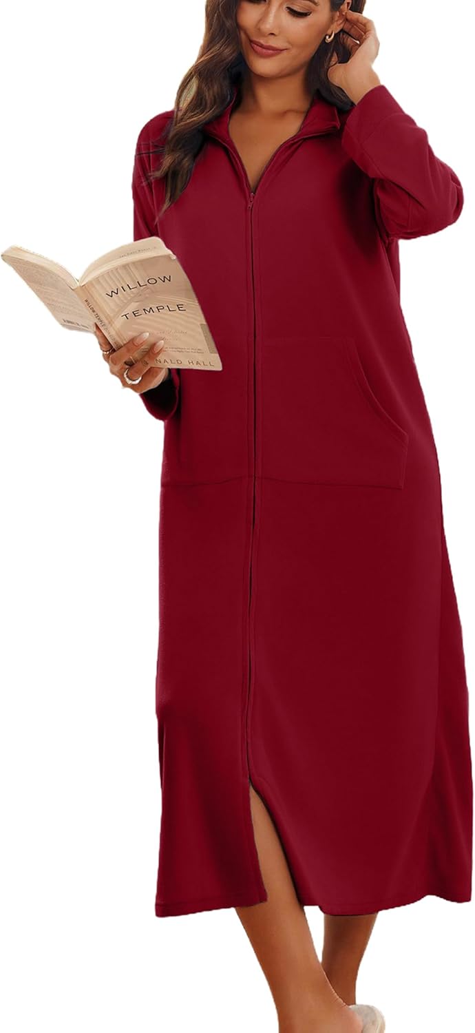 Ekouaer Women Zipper Robe Soft Bathrobe with Pockets for Comfort