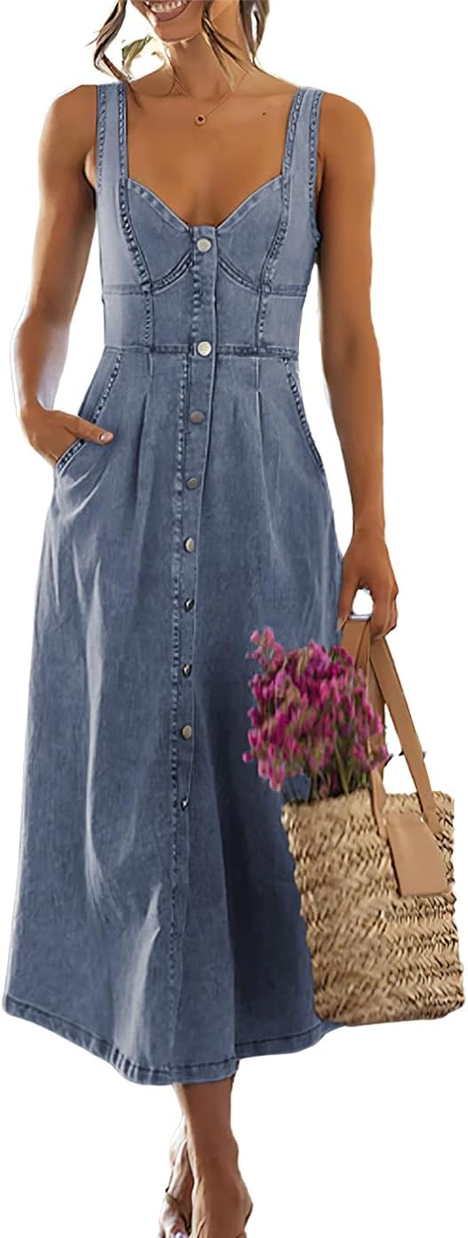Stretchy Smocked Denim Dress for Women - Stylish Midi Look
