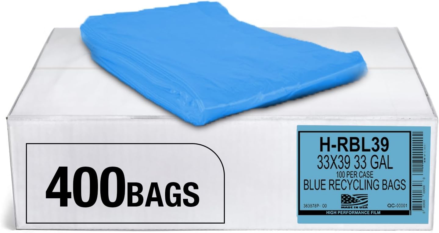 33 Gallon Blue Trash Bags - Heavy Duty Recycling Bags for Home