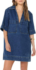 Womens Denim Shirt Dress - Collared V Neck Mini with Pockets