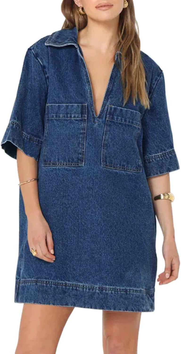 Fisoew Womens Denim Shirt Dress with Pockets for Summer Style