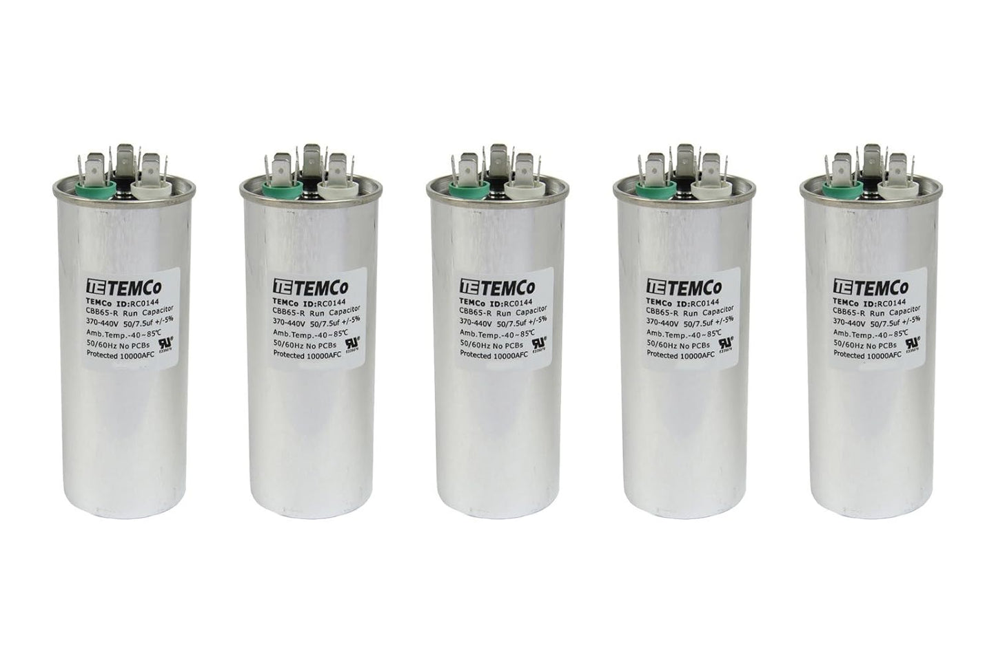 5 Pack TEMCo 50+7.5 uF Dual Run Capacitor for HVAC Applications