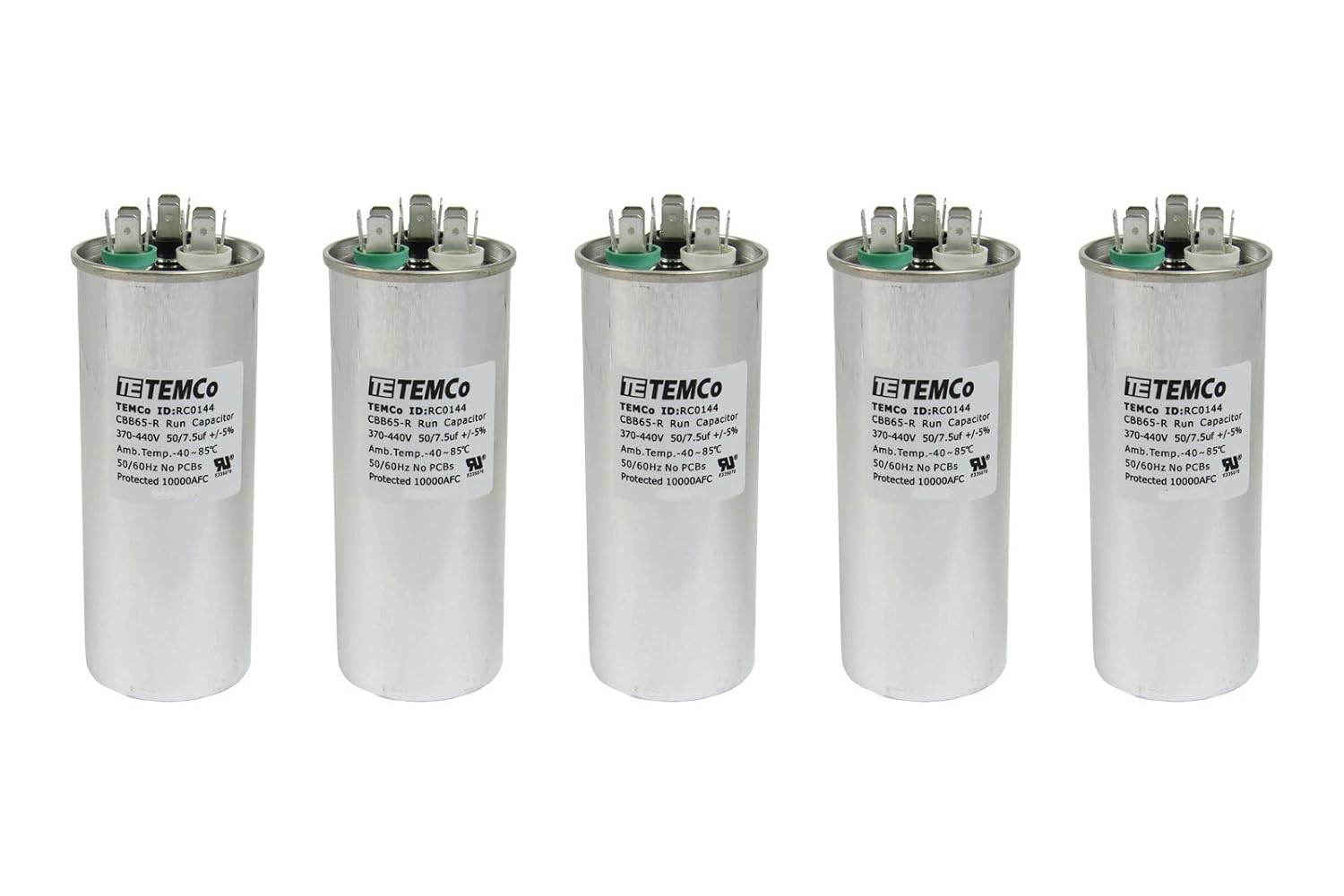 5 Pack TEMCo 50+7.5 uF Dual Run Capacitor for HVAC Applications
