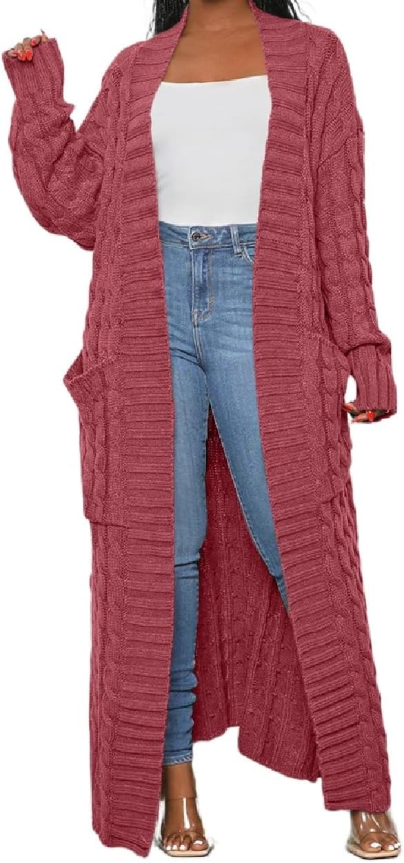 Womens Thin Stylish Cable Knit Dual Extra Long Maxi Cardigan