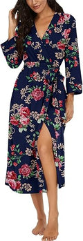 Women Kimono Robe Long Knit Bathrobe - Lightweight V-neck Comfort