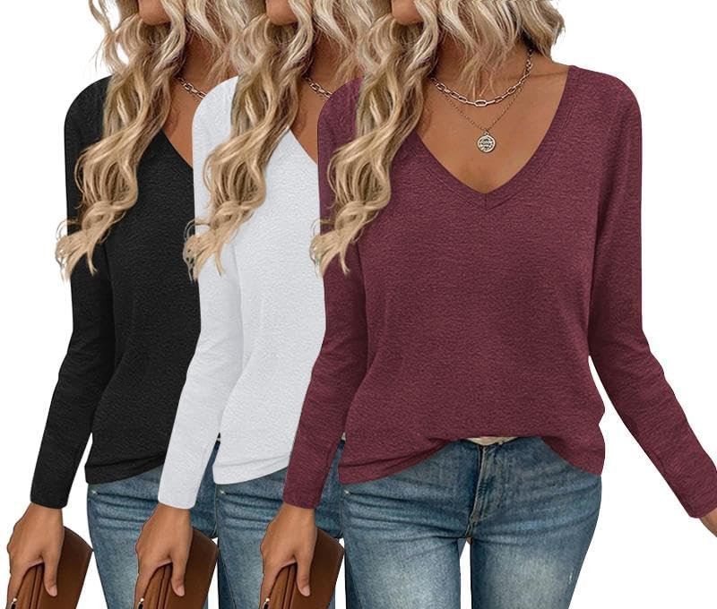 Ekouaer Long Sleeve V Neck T Shirts for Women - Casual Tops