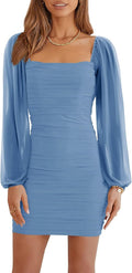 Mesh Long Sleeve Square Neck Ruched Mini Bodycon Dress - Sleek Party