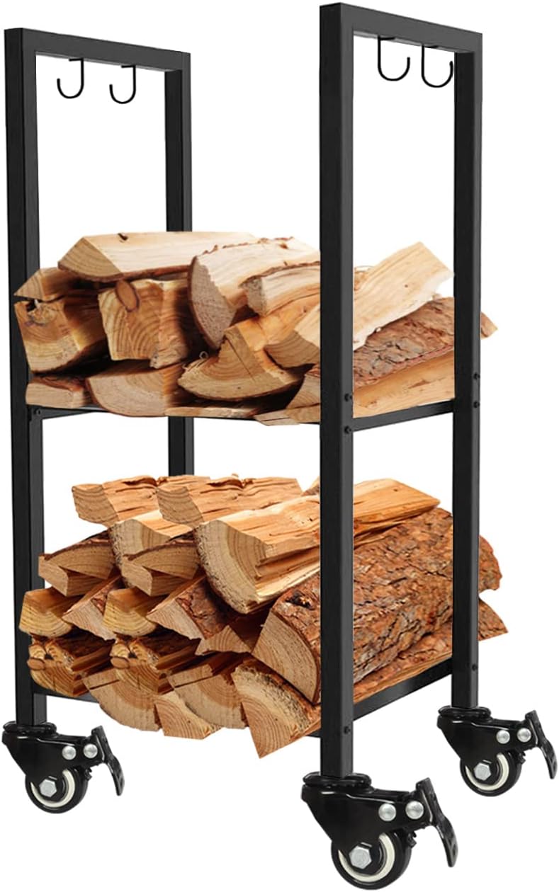 Koutemie 2 Tiers Firewood Log Storage Rack with Wheels for Patio