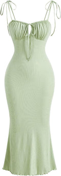 Verdusa Ruched Knot Front Tie Shoulder Fishtail Bodycon Cami Dress