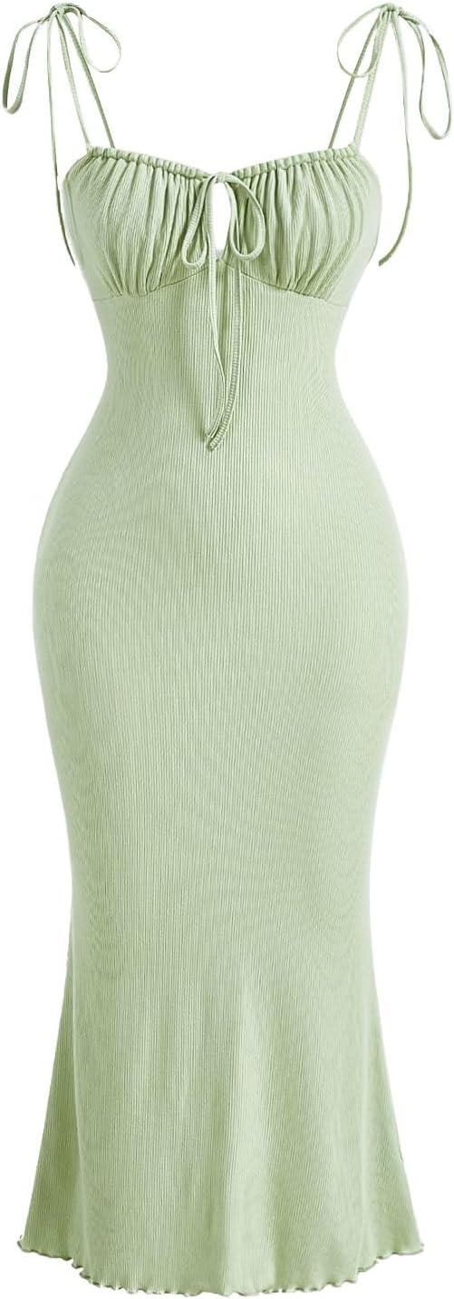 Verdusa Women's Ruched Knot Front Tie Shoulder Cami Dress