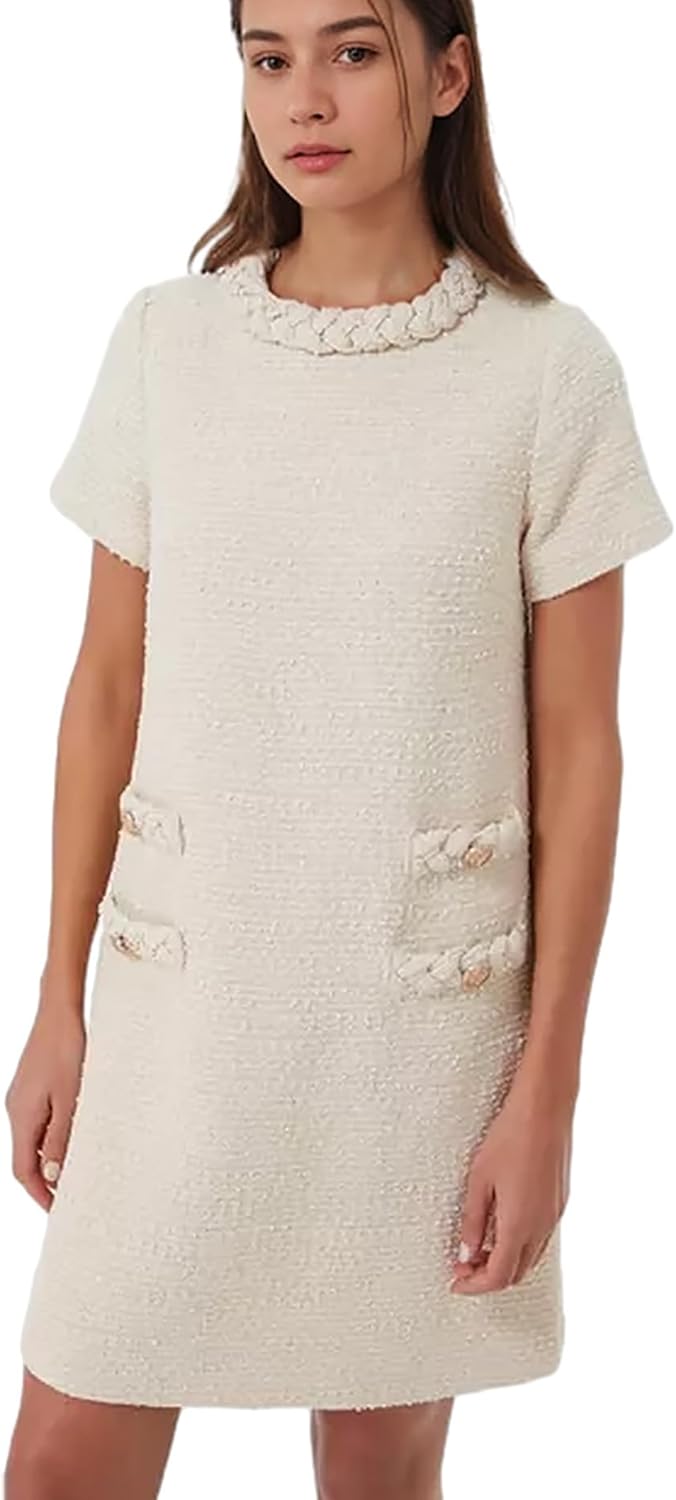 Womens Tweed Jackie Dress Elegant Crew Neck Short Sleeve Mini