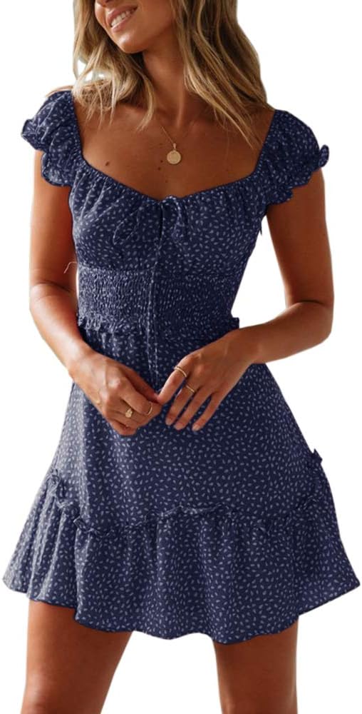 Valphsio Womens Smocked Dress Ruffle Floral Tie Front Boho Style