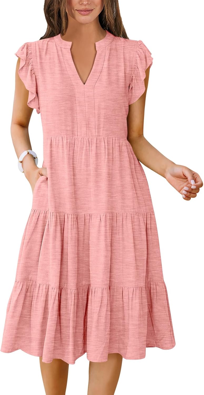Womens Summer Dress Ruffle Sleeve V Neck Midi Casual Sundress