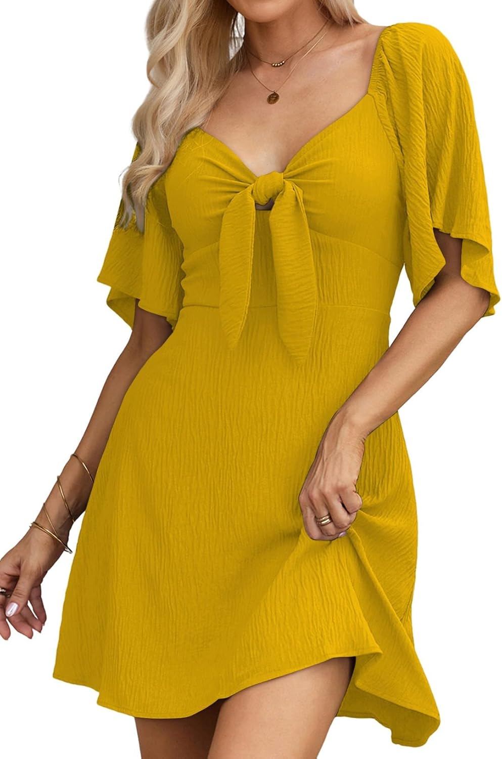 Dokotoo Womens Dresses Deep V Neck Elegant Bow Tie Mini Dress