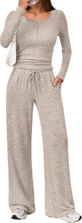 Women's 2 Piece Henley Neck Lounge Set - Wide Leg Sweat Suit