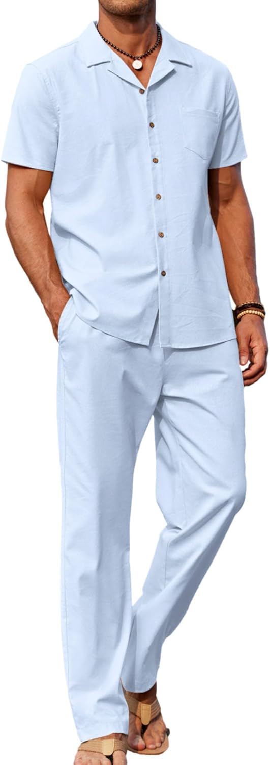 COOFANDY Men 2 Piece Linen Outfit for Beach and Casual Wear